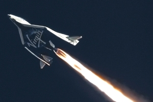 Feathered Flight during SpaceShipTwo's third powered flight on 10 January 2014 over the Mojave desert.  This image was taken by MARS Scientific as part of the Mobile Aerospace Reconnaissance System optical tracking system. More infomation on MARS Scientific and the Mobile Aerospace Reconnaissance System can be found at: www.MarsScientific.com