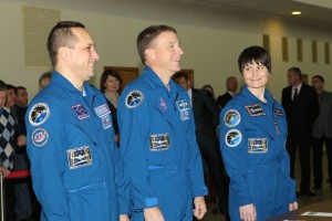 #3340 - (30 October 2014) --- At the Gagarin Cosmonaut Training Center in Star City, Russia, Expedition 42/43 Soyuz Commander Anton Shkaplerov of Roscosmos (left), Flight Engineer Terry Virts of NASA (center) and Flight Engineer Samantha Cristoforetti of the European Space Agency (right) share a light moment at the start of their qualification exams October 30. The trio is preparing for launch to the International Space Station from the Baikonur Cosmodrome in Kazakhstan on November 24, Kazakh time, in the Soyuz TMA-15M spacecraft to begin a five and a half month mission on the International Space Station. Photo credit: NASA/Stephanie Stoll