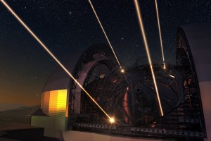 Artist’s impression of the European Extremely Large Telescope deploying lasers for adaptive optics
