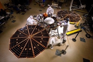 NASA's InSight Mars lander spacecraft in a Lockheed Martin clean room near Denver. As part of a series of deployment tests, the spacecraft was commanded to deploy its solar arrays in the clean room to test and verify the exact process that it will use on the surface of Mars.